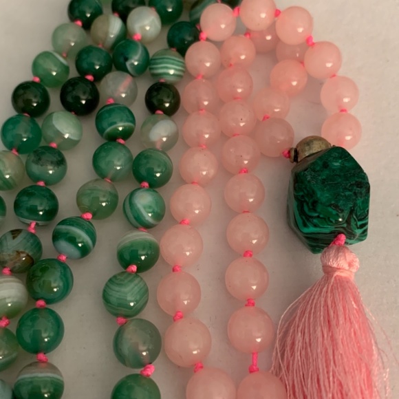 108 Knotted Bead Mala - Rose Quartz & Green Lace Agate W/Malachite Guru - Picture 4 of 5